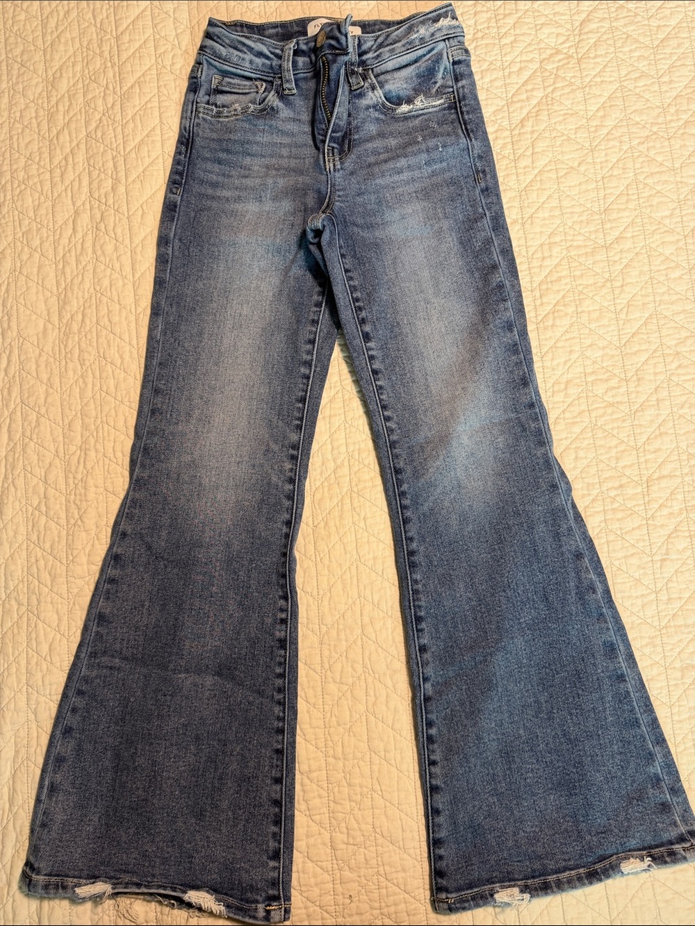 Flying Monkey Medium Wash Blue Flare Jeans with Frayed Hem